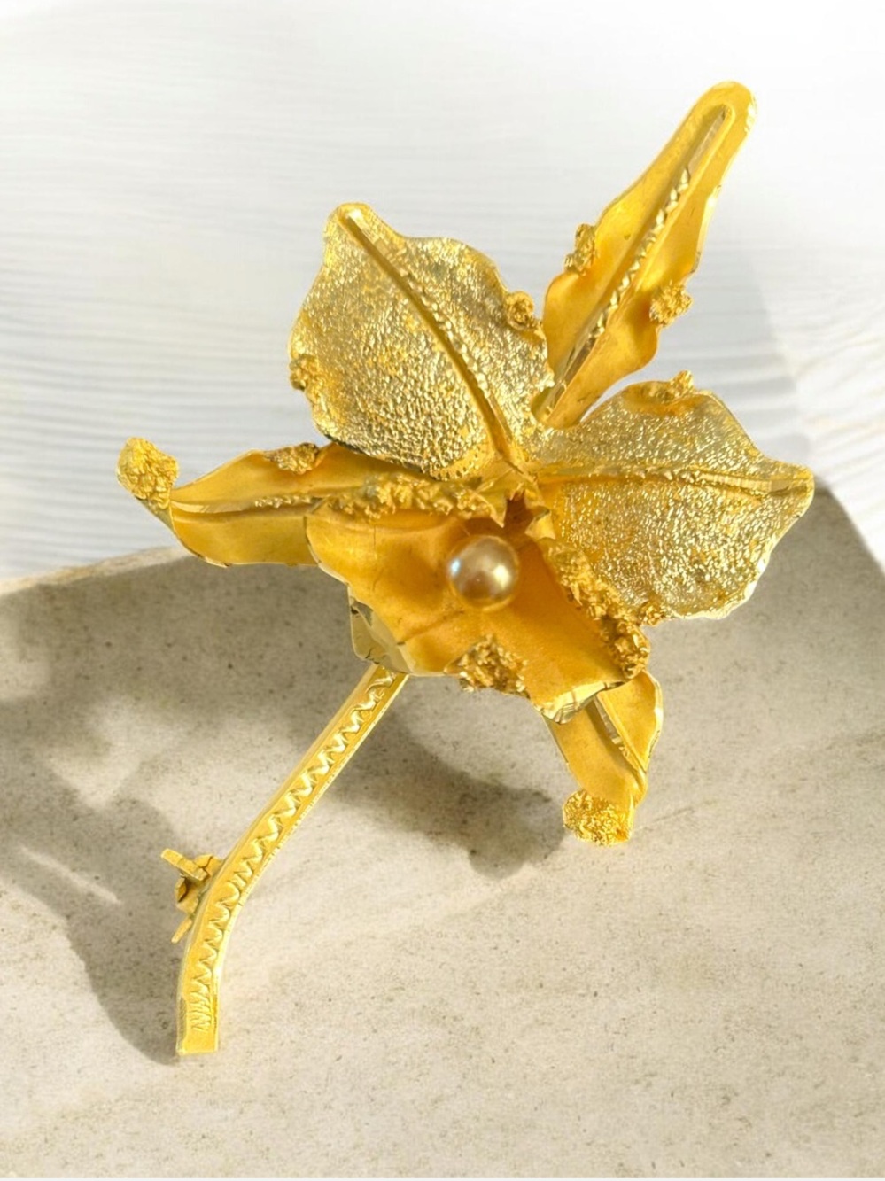 Vintage 1960’s 18k Gold Orchid Pearl Accent Brooch